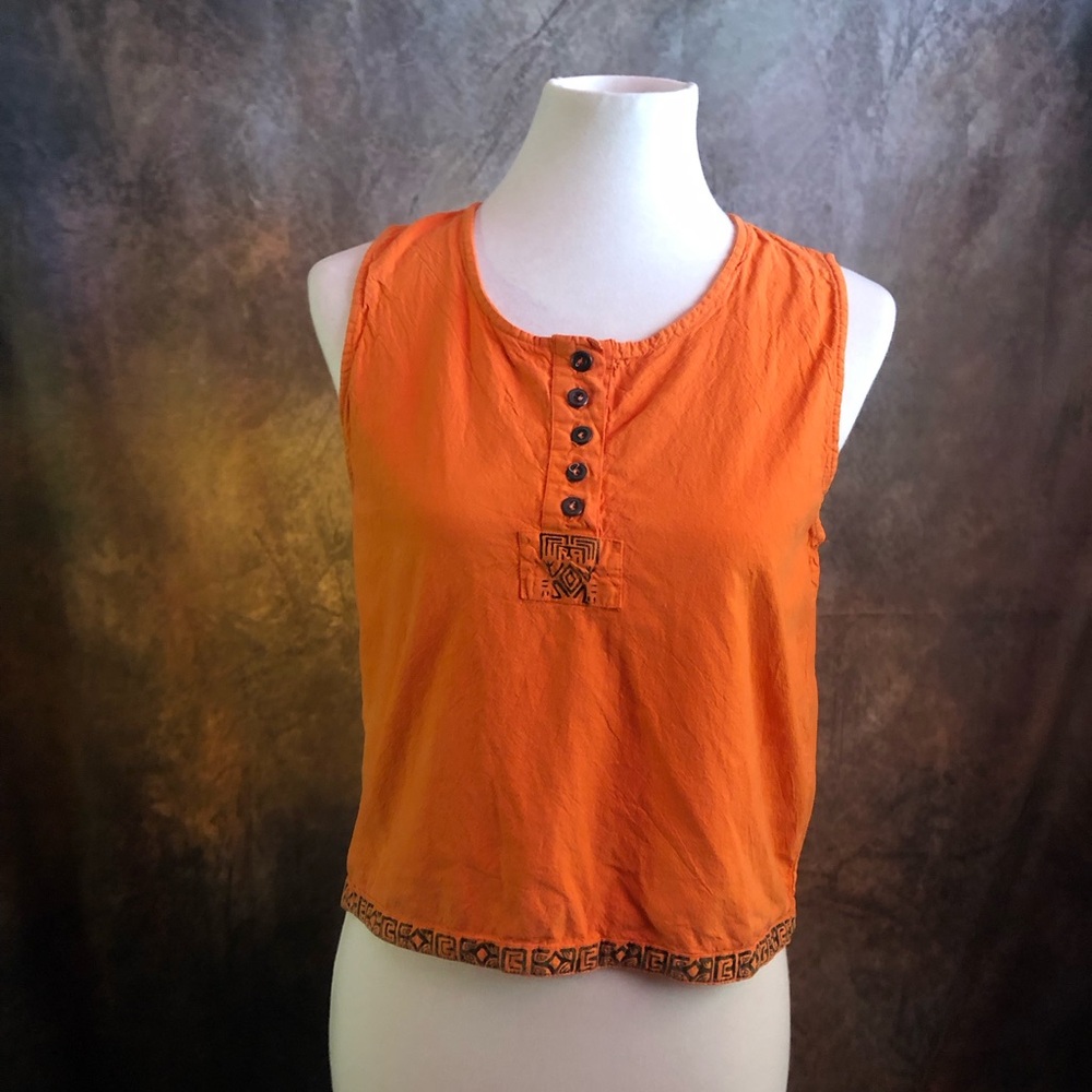 Vintage Sleeveless Orange Button Henley Tank Top